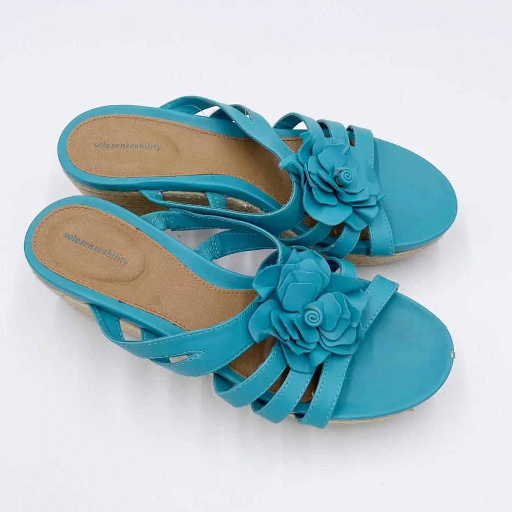 Solesenseability Mona Blue Faux Leather Flower Embellished Wedge Sandals 9.5